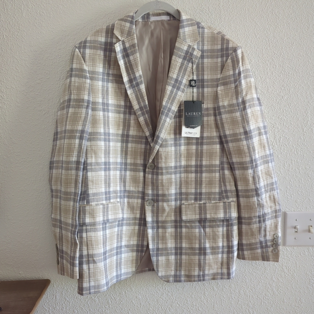 Lauren Ralph Lauren Sport Coat 40R Tan Lassiter Ultra Flex Plaid ClassicFit $295
